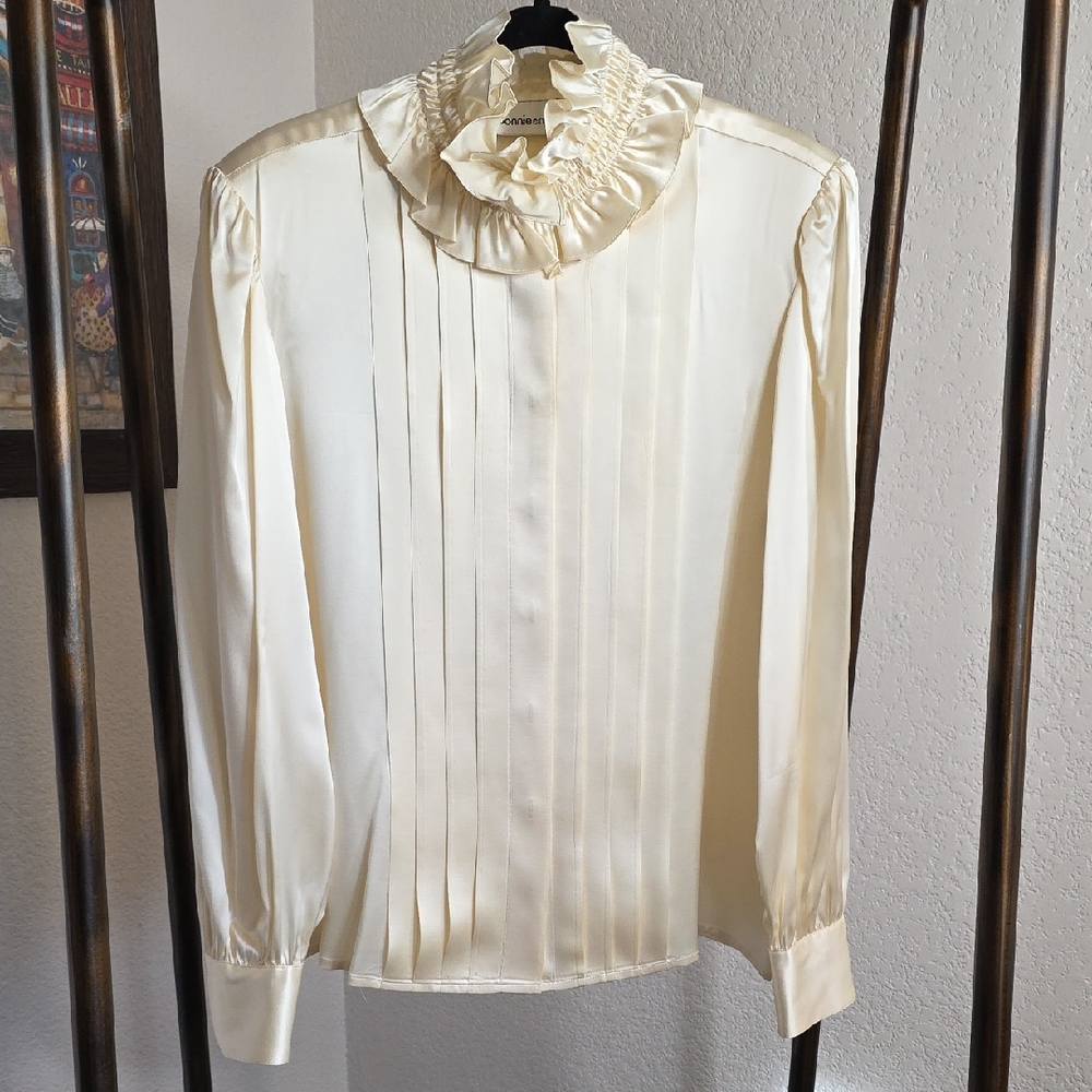 Cream Silk Blouse with Ruffled Collar Pleated Front See Measuments